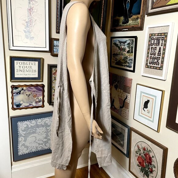 Beige Linen Tie Side Scoop Neck Sleeveless Maxi Apron Dress with Pockets OSFM - Picture 6 of 6